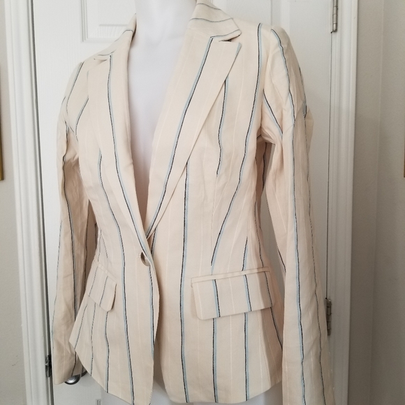 LOFT Linen Blend Cream Striped Cropped Blazer 2 NWT - Picture 3 of 15